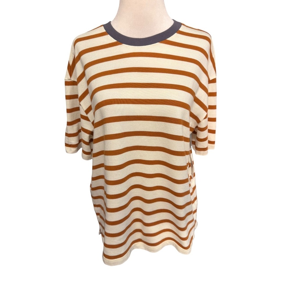 AG Adriano Goldschmied Womens Striped Cotton T-Shirt Rust Cream Small NEW